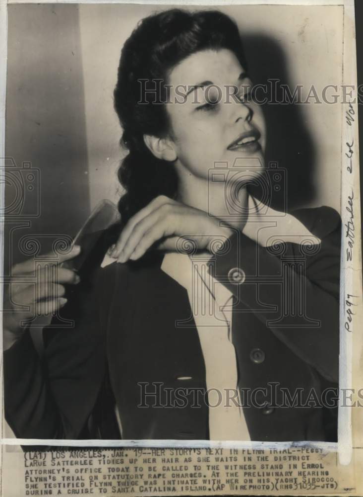 1943 Press Photo Peggy LaRue Satterlee, Errol Flynn Case witness, California- Historic Images