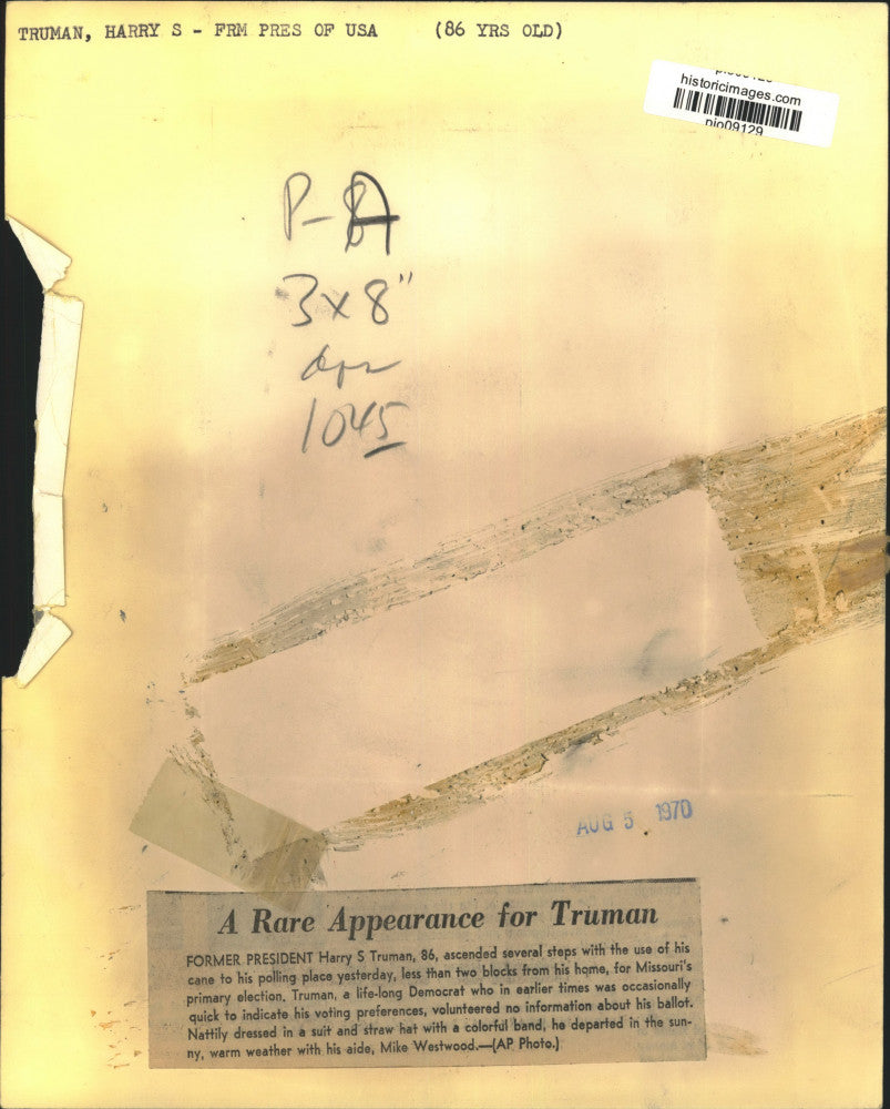 1970 Press Photo Ex-President Harry Truman votes at primary election in Missouri