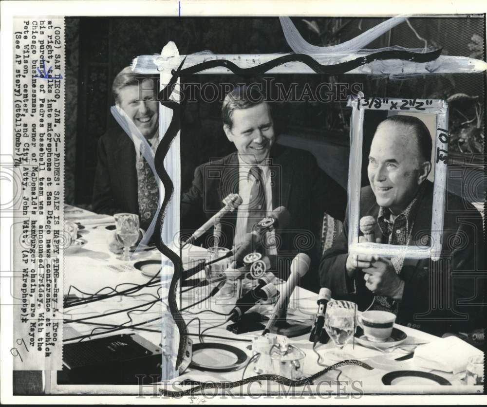 1974 Press Photo Padres baseball team owner Ray A. Kroc at news conference in CA- Historic Images