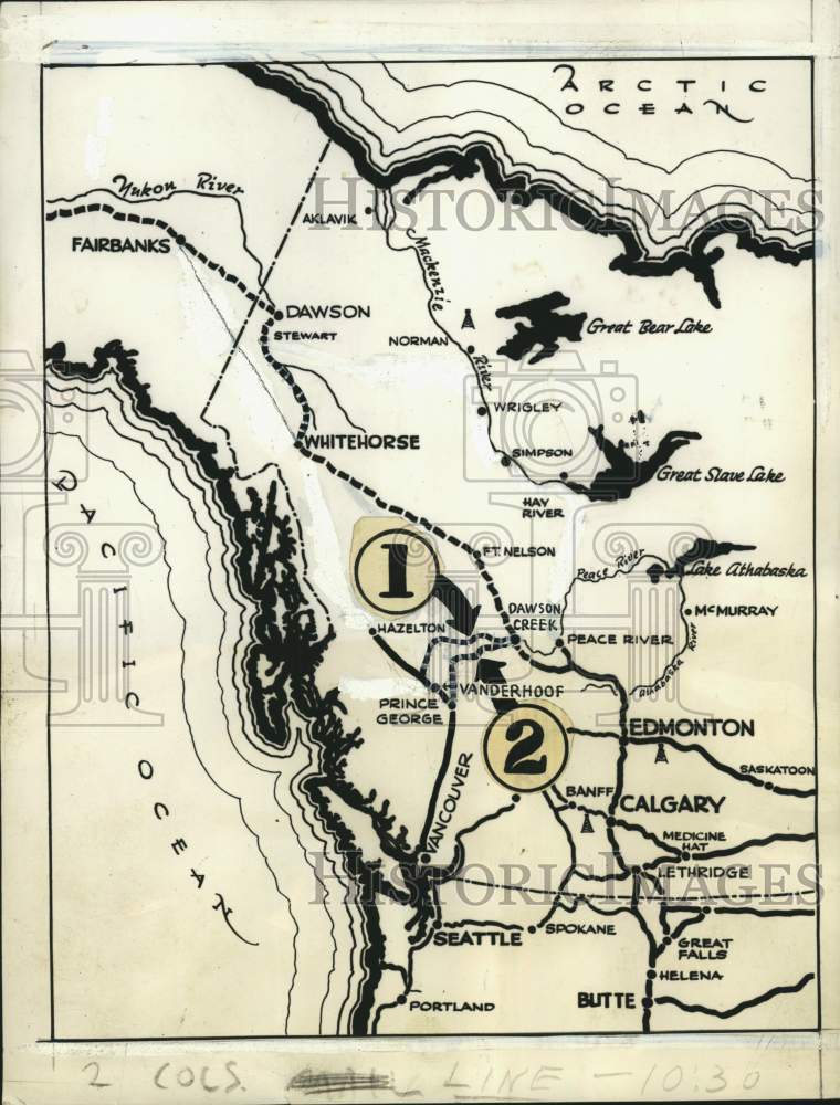 Load image into Gallery viewer, 1942 Press Photo Map showing proposed highway routes through Canada to Alaska
