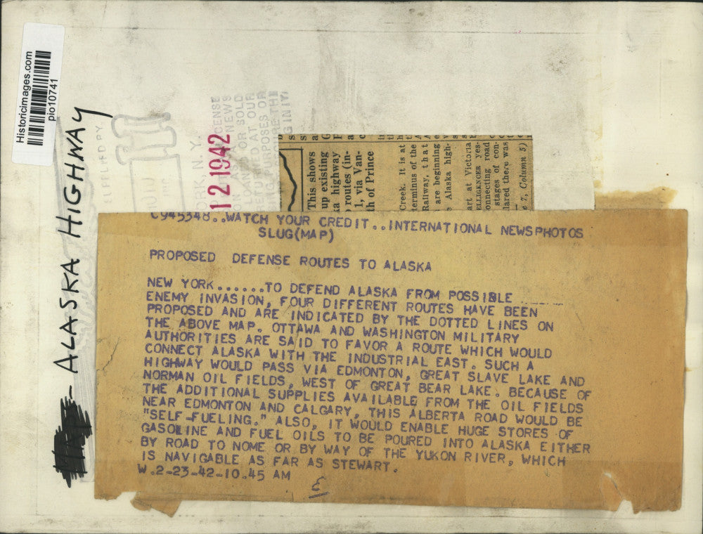 1942 Press Photo Map showing proposed highway routes through Canada to Alaska