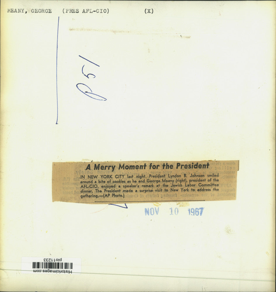 1967 Press Photo President Lyndon Johnson & labor leader George Meany, New York