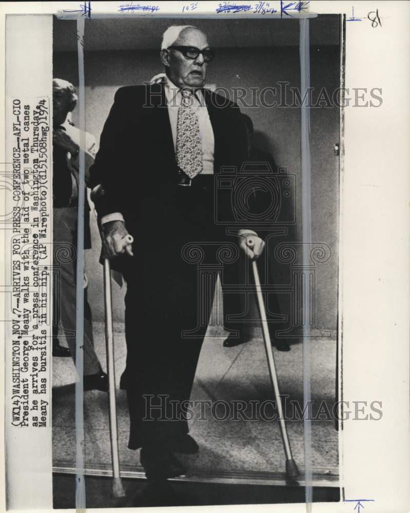 1974 Press Photo AFL-CIO President George Meany walks with canes in Washington