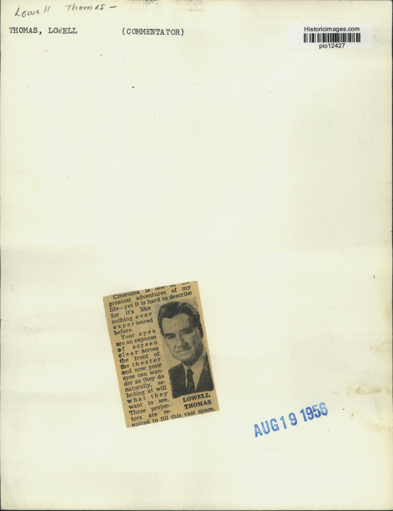 1956 Press Photo Commentator and producer Lowell Thomas - pio12427