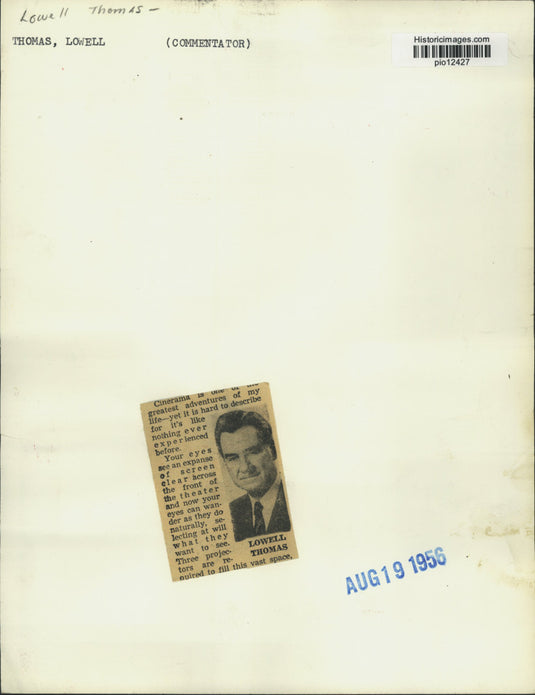 1956 Press Photo Commentator and producer Lowell Thomas - pio12427