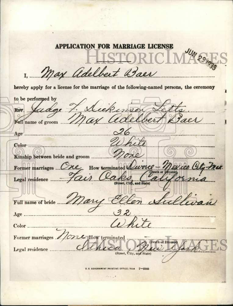 1935 Press Photo Boxer Max Baer & Mary Sullivan's marriage license application- Historic Images