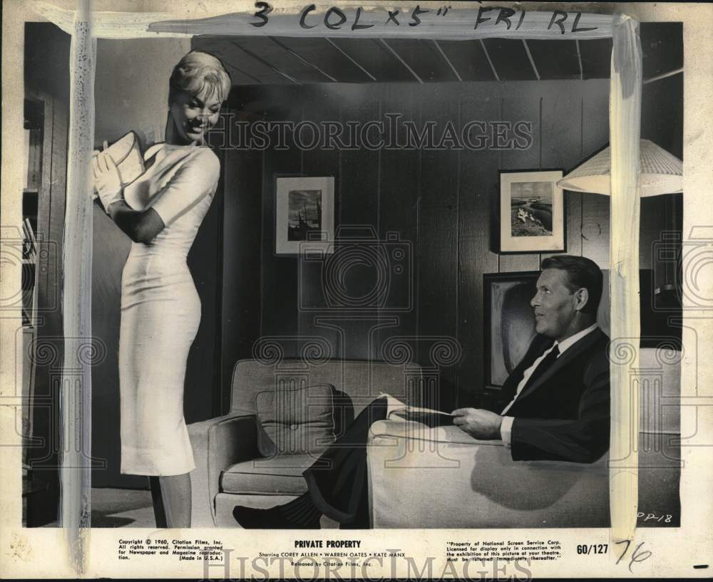 1960 Press Photo Actors Kate Manx & Corey Allen in "Private Property" film- Historic Images