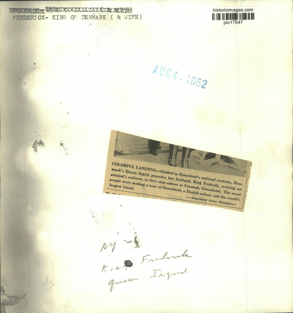 1952 Press Photo Queen Ingrid and King Frederik of Denmark visit Greenland