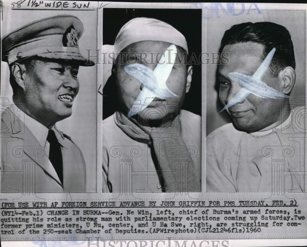 1960 Press Photo General Ne Win &amp; ex-Prime Ministers U Nu &amp; U Ba Swe in Burma- Historic Images