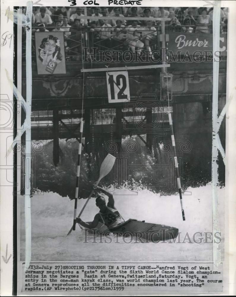 1959 Press Photo Manfred Vogt competes in Canoe Slalom race in Switzerland- Historic Images
