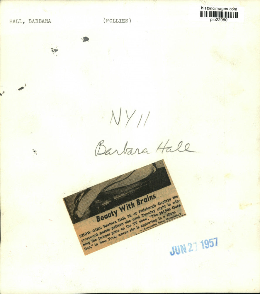 1957 Press Photo Follies showgirl Barbara Hall displays crossword puzzle pattern