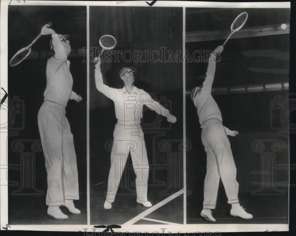 1952 Press Photo King Gustav Adolf swings racket at Royal Tennis Hall in Sweden- Historic Images