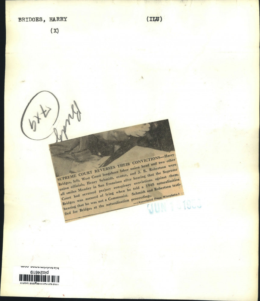 1953 Press Photo Harry Bridges, Henry Schmidt & J.R. Robertson meet in CA