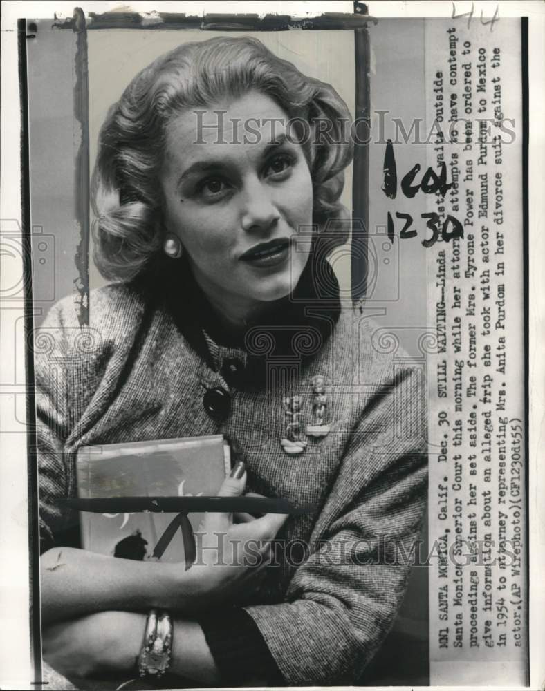 1955 Press Photo Actress Linda Christian at Edmund Purdom divorce trial in CA- Historic Images