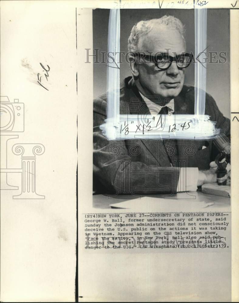 1971 Press Photo Ex-state undersecretary George Ball on "Face the Nation" in NY