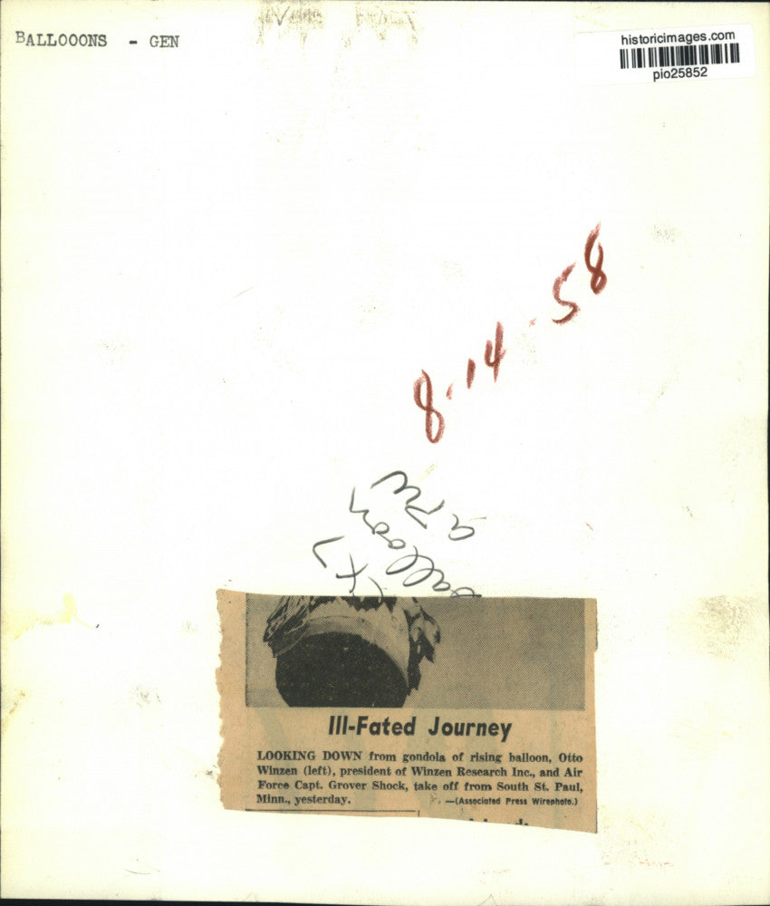 1958 Press Photo Otto Winzen & Captain Grover Shock ride balloon over MN