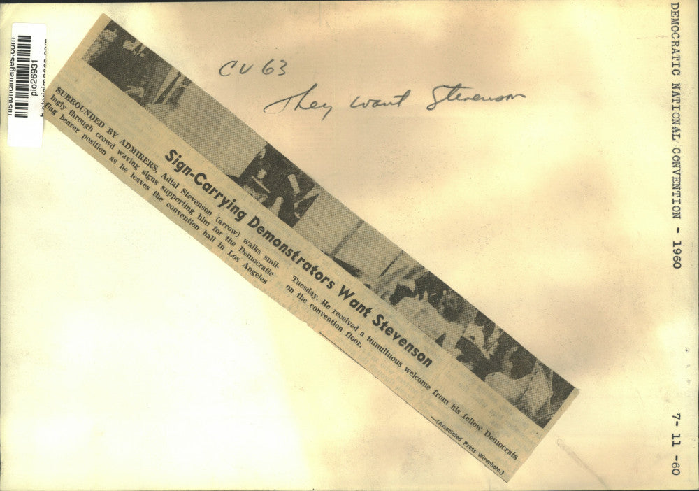 1960 Press Photo Adlai Stevenson greets supporters at CA Democratic convention