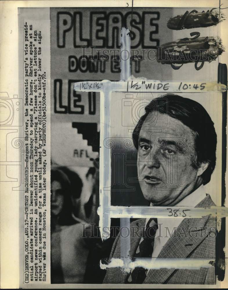 1972 Press Photo Vice Presidential candidate Sargent Shriver talks to CO press