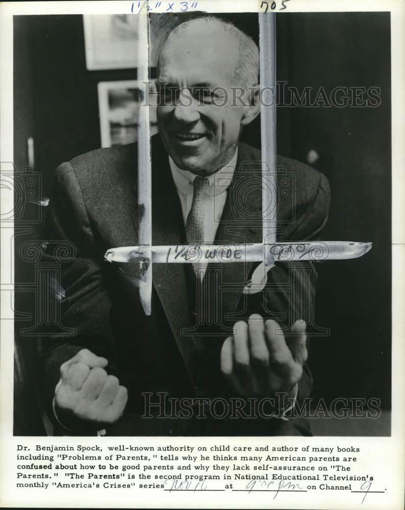 Load image into Gallery viewer, 1964 Press Photo Dr. Benjamin Spock interviewed on TV program "America's Crises"
