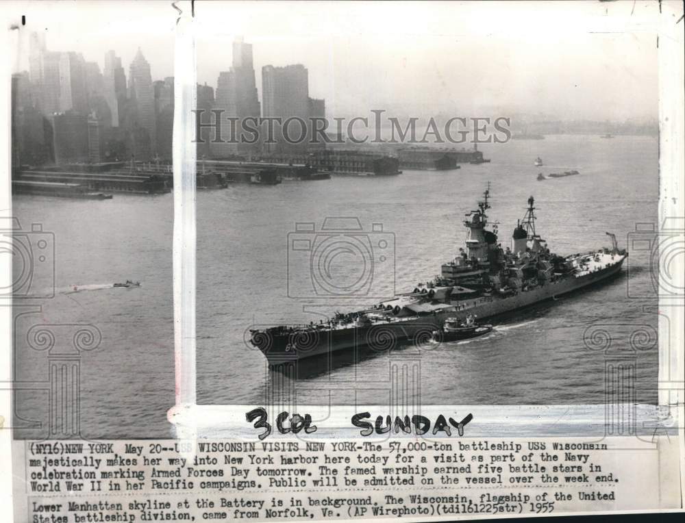 1955 Press Photo Battleship USS Wisconsin at New York City heading to mothballs.- Historic Images