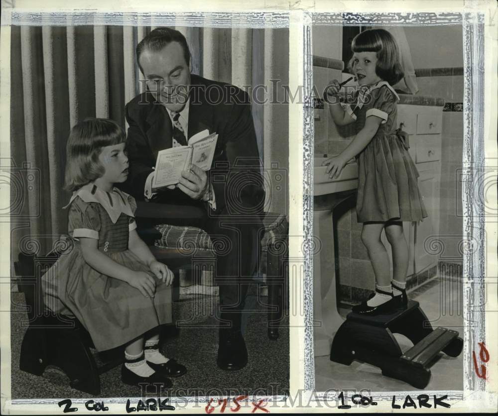 1954 Press Photo Ralph Edwards with daughter Lauren & her on U-Build step-chair- Historic Images