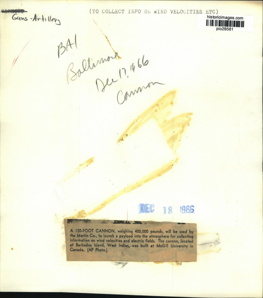 1966 Press Photo Cannon used to collect atmospheric data on Barbados Island