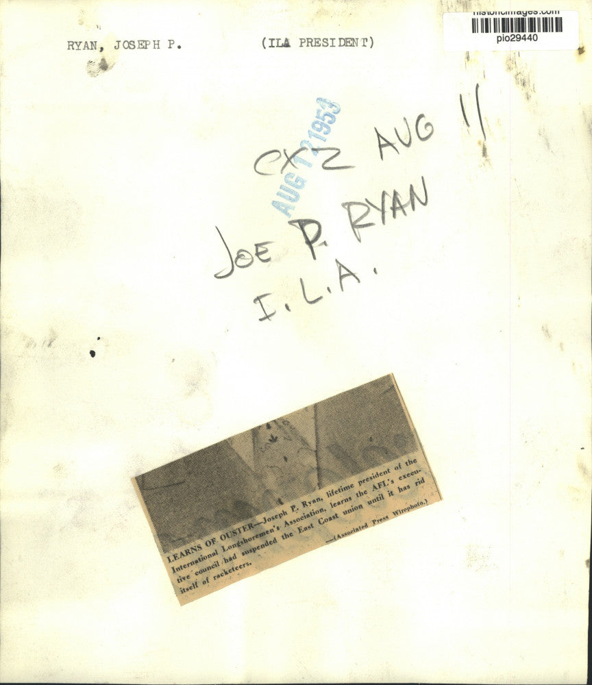 1953 Press Photo International Longshoremen Union president Joseph Ryan