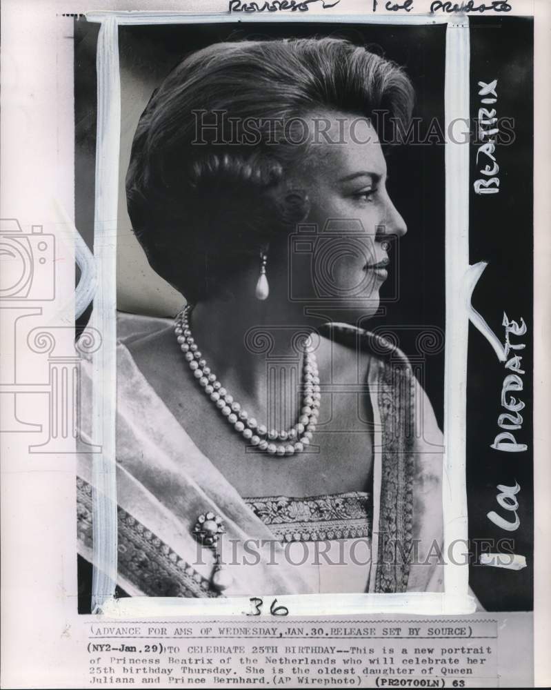 1963 Press Photo Princess Beatrix of the Netherlands on her 25th birthday.