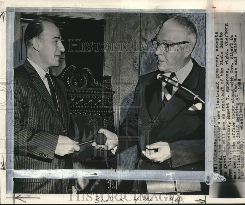 Load image into Gallery viewer, 1956 Press Photo Emmett Anderson gives State Senate gavel to John Cherberg in WA
