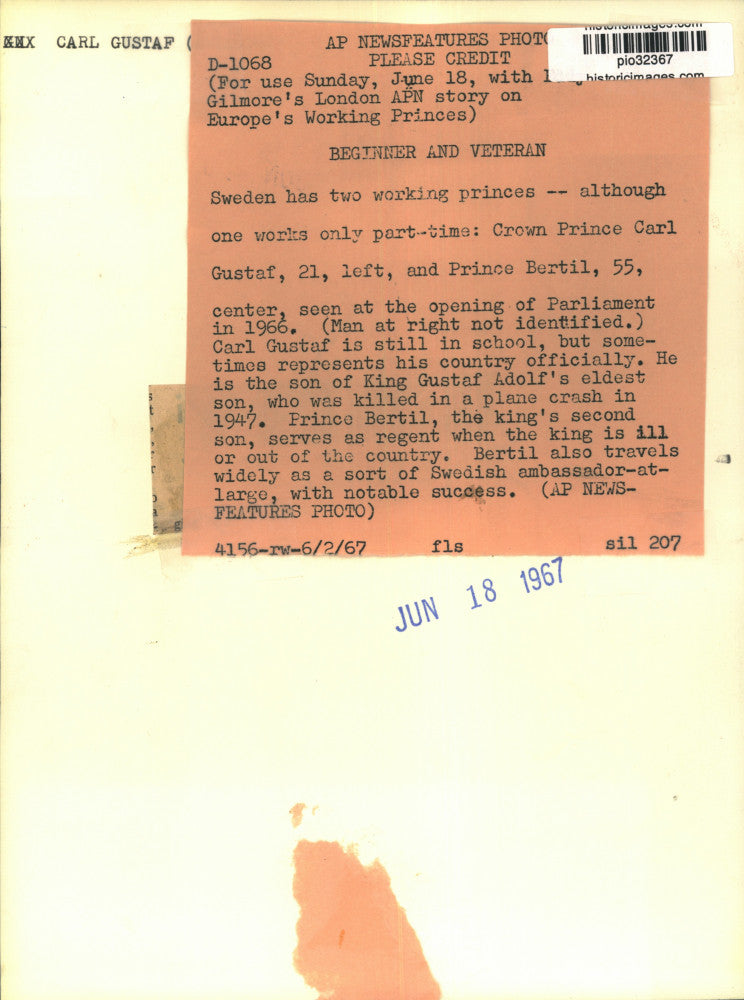 1966 Press Photo Sweden's princes Carl Gustaf & Bertil at Parliament opening