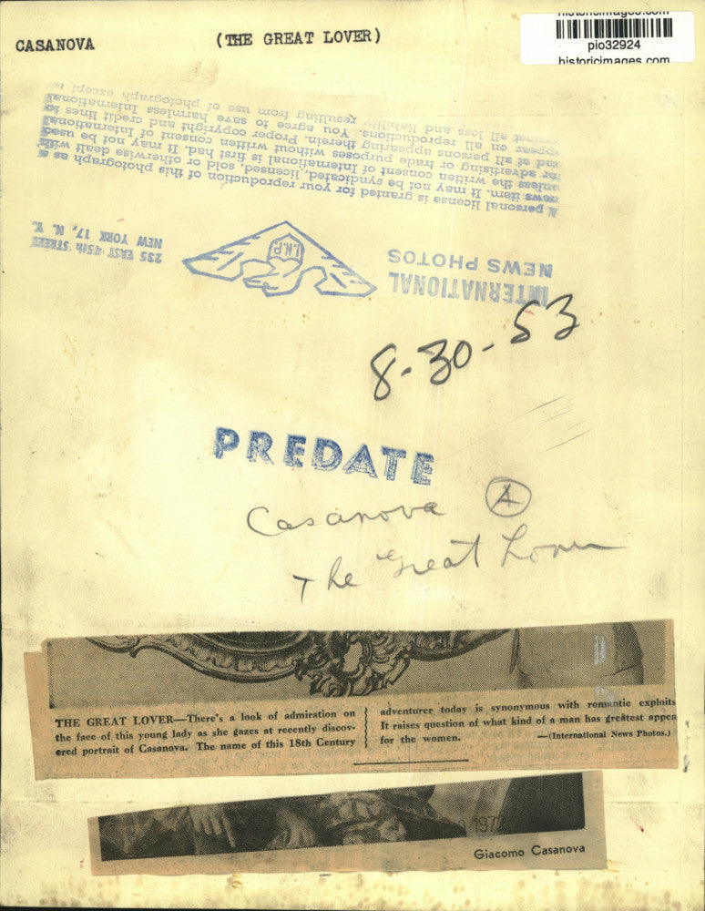 1953 Press Photo Giacomo Casanova portrait - pio32924