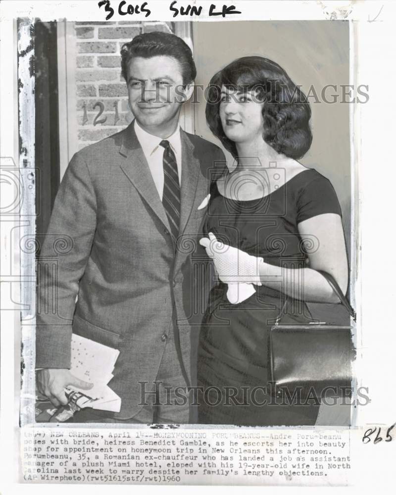 1960 Press Photo Andre Porumbeanu & Wife Benedict Gamble in New Orleans