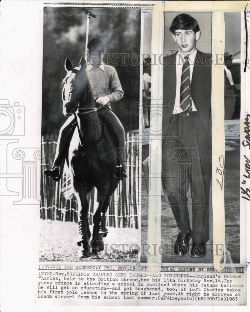 1963 Press Photo England&#39;s Prince Charles during polo lesson &amp; at London airport