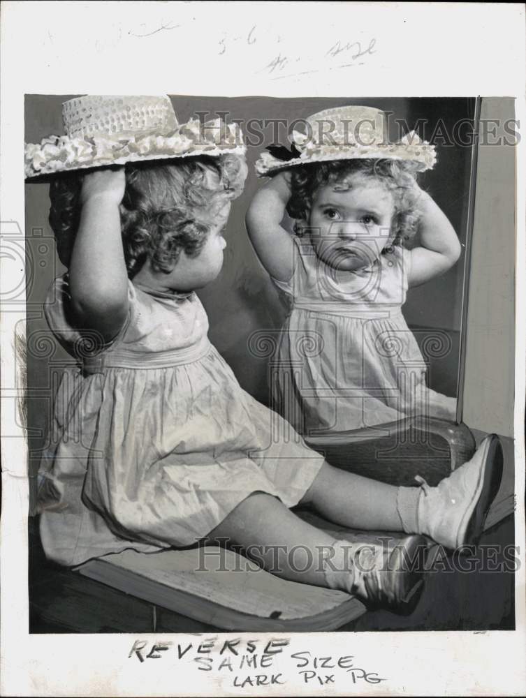 1946 Press Photo Sharon Ann Conley wearing a hat during springtime in PA- Historic Images