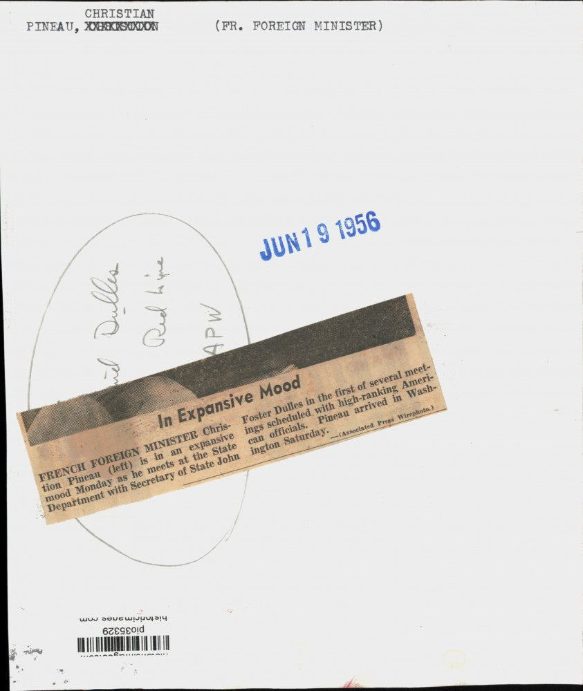 1956 Press Photo Minister Christian Pineau meets John Dulles at State Department