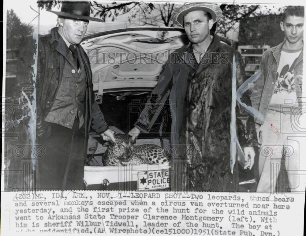 1951 Press Photo Clarence Montgomery with Wilbur Tidwell &amp; circus leopard in AR- Historic Images