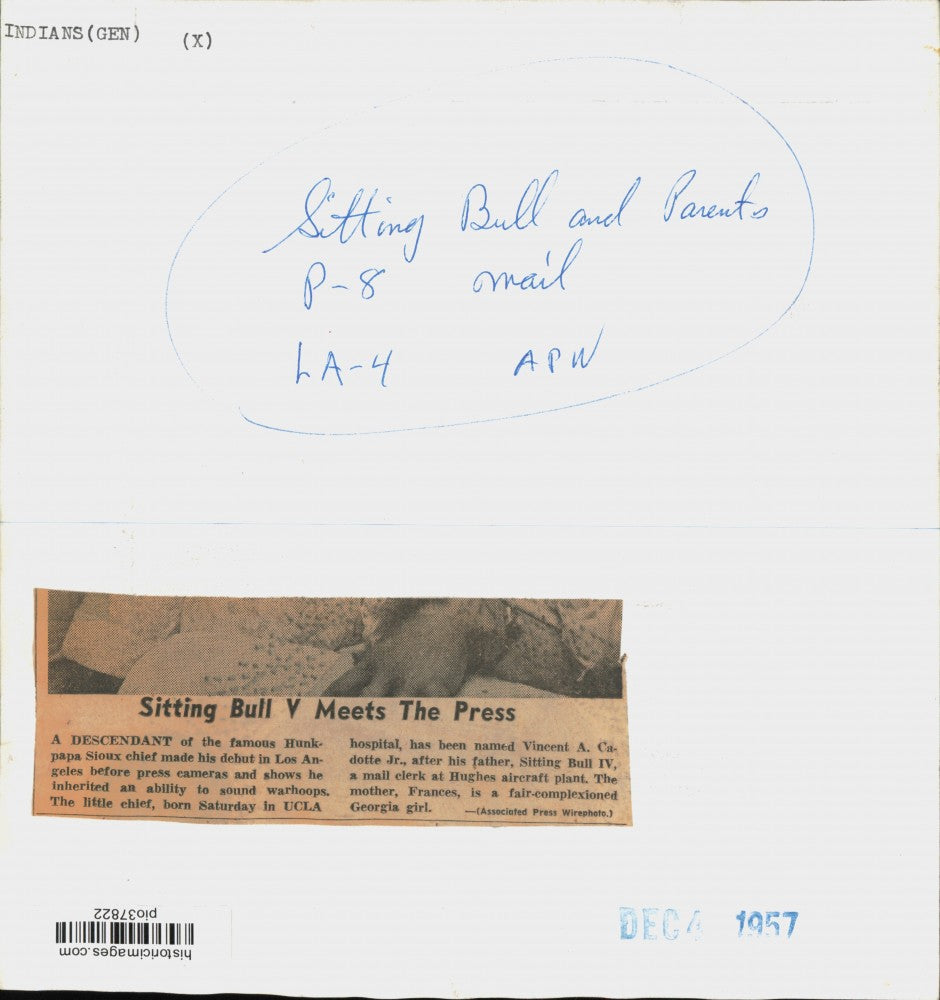 1957 Press Photo Sitting Bull IV, wife Frances & baby Vincent Cadotte Jr. in CA