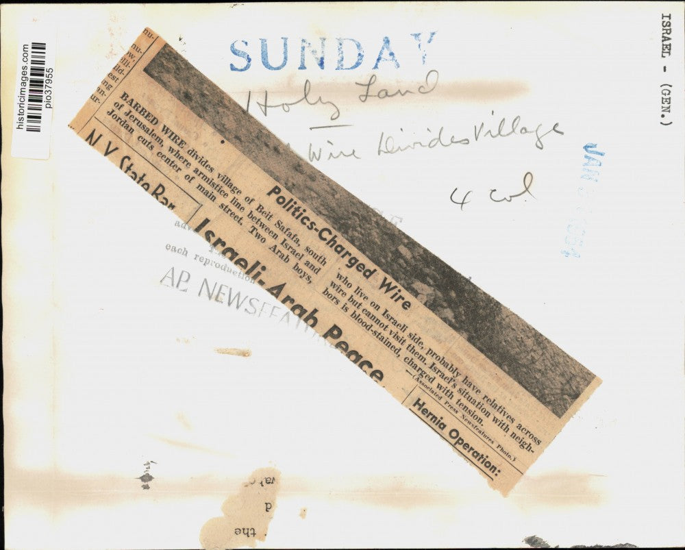 1954 Press Photo Barbed wire denoting Israel-Jordan armistice line in Jerusalem