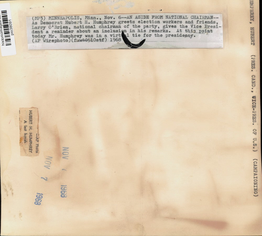 1968 Press Photo Democrats Hubert Humphrey & Larry O'Brien at campaign event, MN