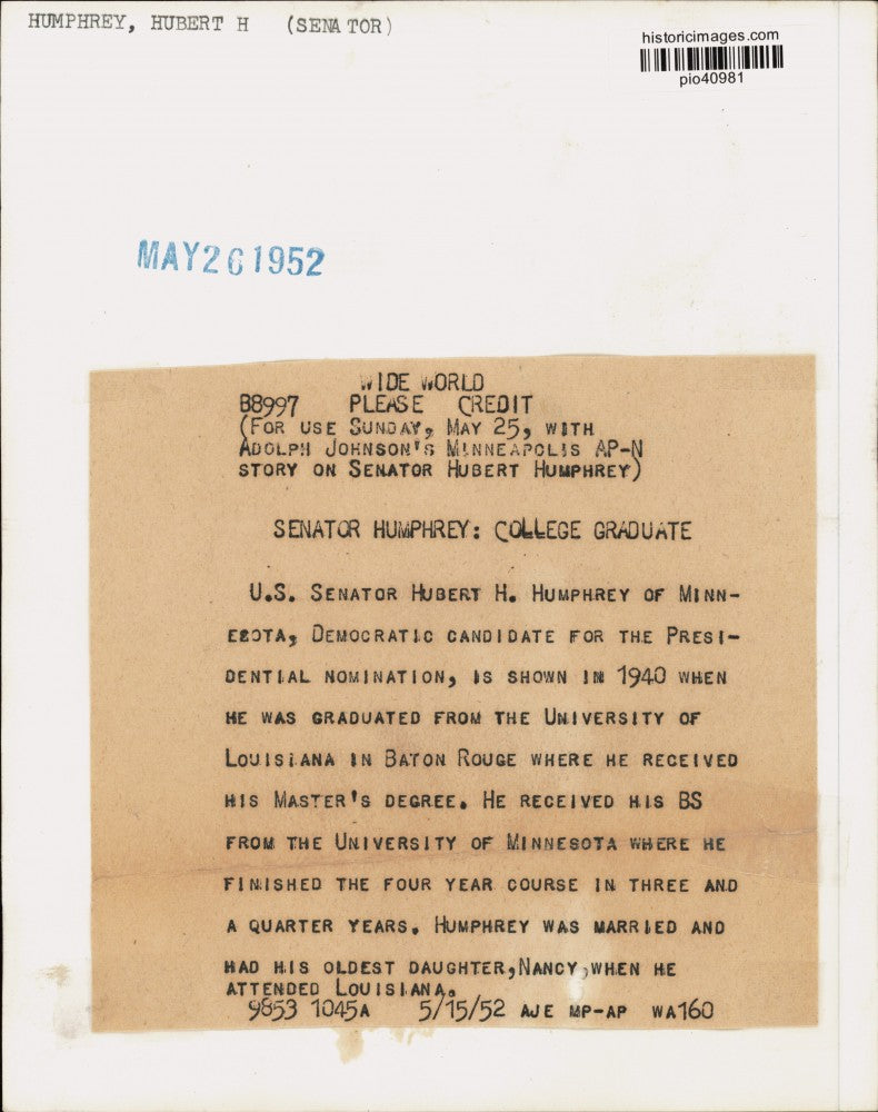 1952 Press Photo US Senator Hubert Humphrey's graduation in University of LA