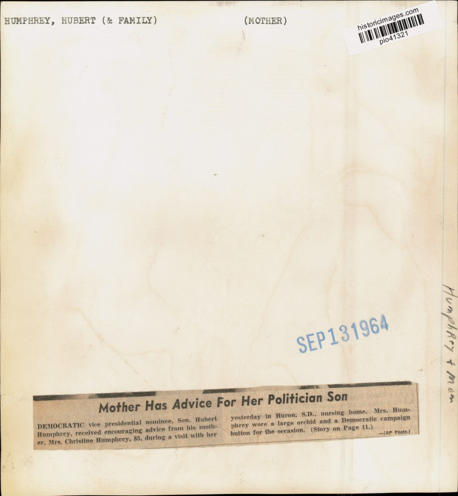 1964 Press Photo Senator Hubert Humphrey & mother Mrs. Christine Humphrey in SD