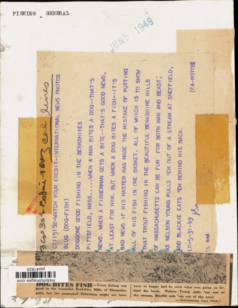 1949 Press Photo Nelson Young fishing for trout with dog "Blackie" in MA