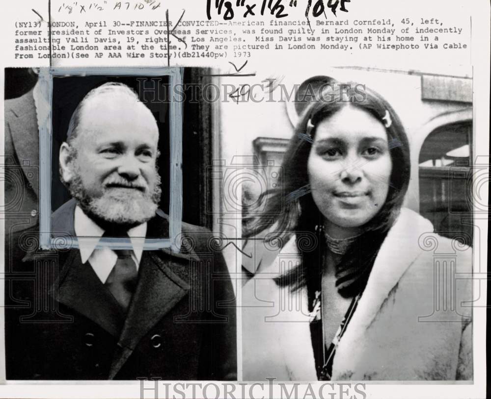 1973 Press Photo Convicted attacker Bernard Cornfeld, victim Valli Davis, London