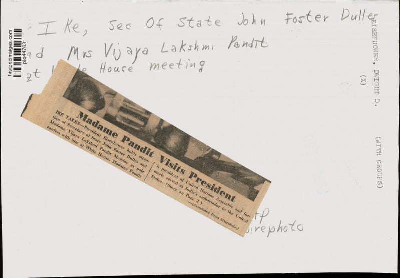 Load image into Gallery viewer, Press Photo Dwight Eisenhower, John Dulles &amp; Vijaya Pandit confer at White House
