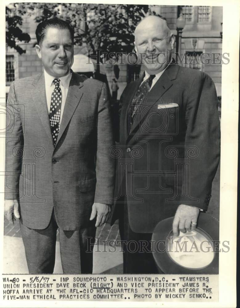 Load image into Gallery viewer, 1957 Press Photo Teamsters Union Leaders Dave Beck &amp; James Hoffa, Washington DC
