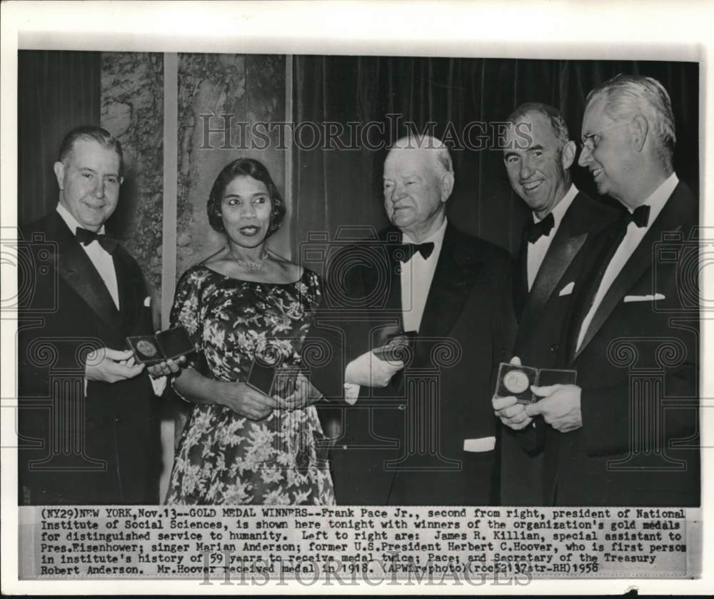 1958 Press Photo Herb Hoover & winners of distinguished service to humanity, NY