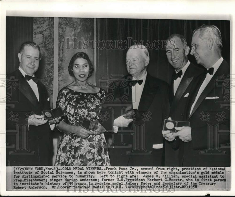Load image into Gallery viewer, 1958 Press Photo Herb Hoover &amp; winners of distinguished service to humanity, NY
