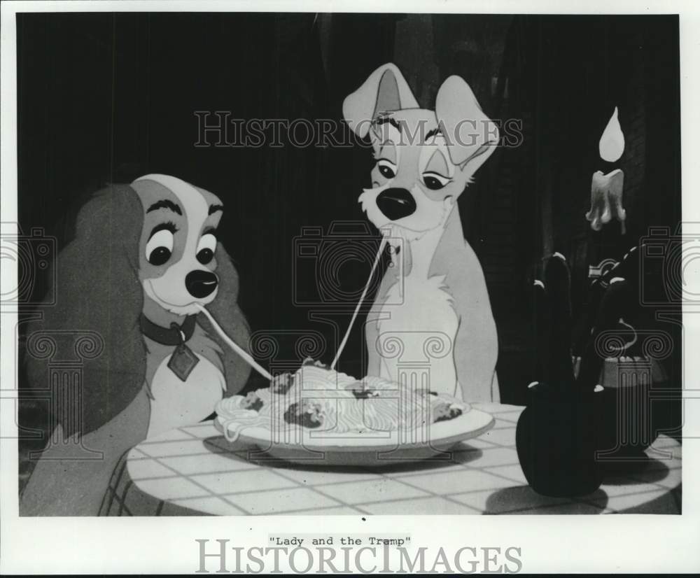 1987 Press Photo Main Cartoon Characters in "Lady & The Tramp" eating spaghetti