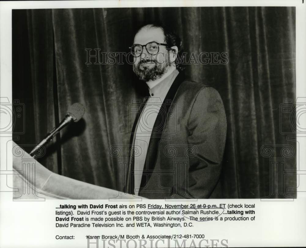 1993 Press Photo Author Salman Rushdie on &quot;...talking with David Frost&quot;