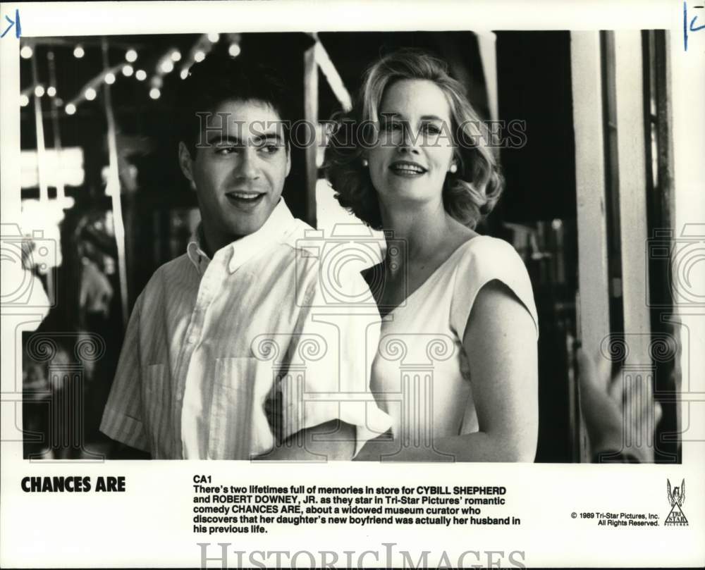 1989 Press Photo Cybill Shepherd, Robert Downey Jr. in &quot;Chances Are&quot; - pip05351- Historic Images